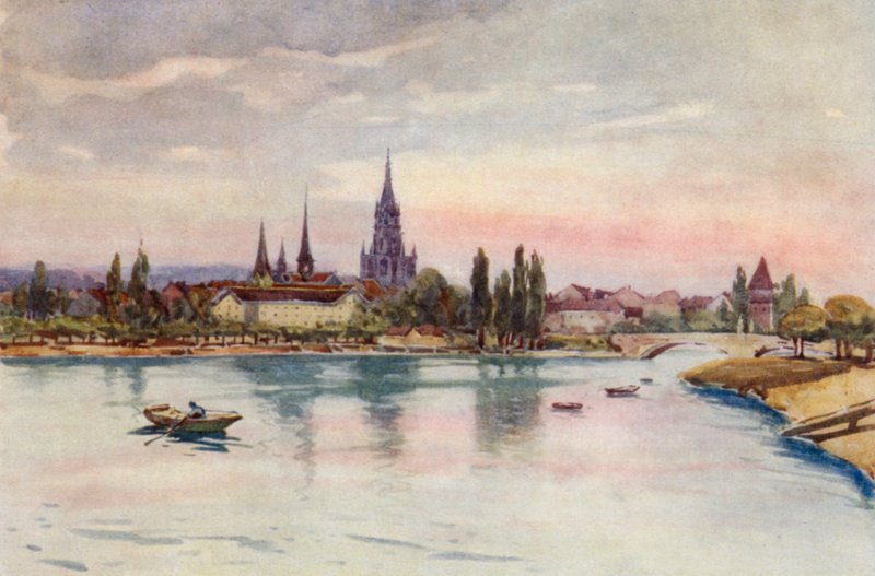 Rhen: Konstanz, Konstanz, från sjön (färglitografi) av Effie Jardine