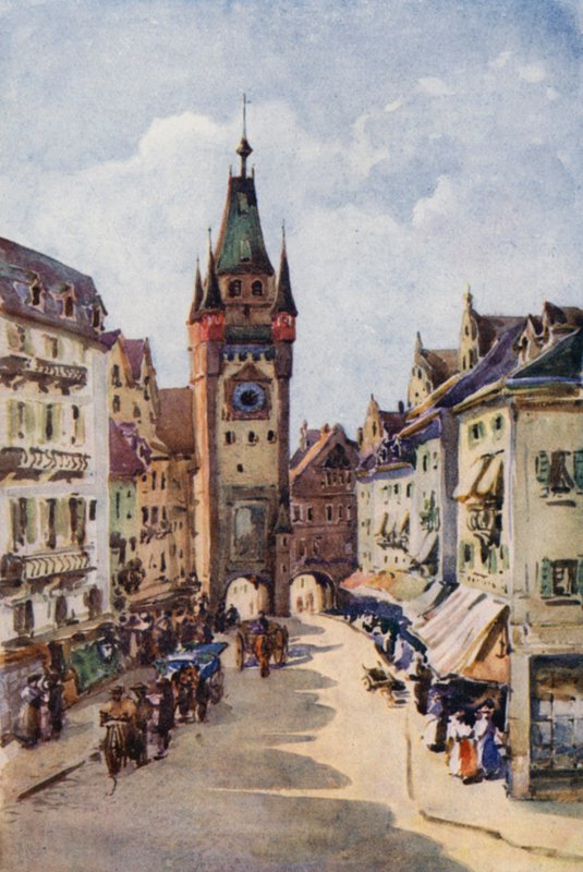 Floden Rhen: Gamla tornet, Freiburg-im-Breisgau (färglitografi) av Effie Jardine