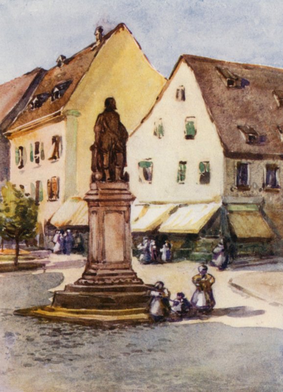 Rhen: Staty av Sir Francis Drake, Offenburg (färglitografi) av Effie Jardine
