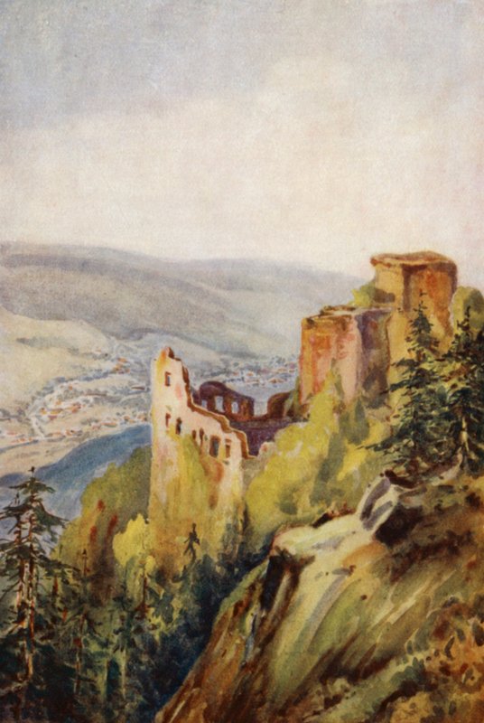 Rhen: Det gamla slottet, Baden-Baden (färglitografi) av Effie Jardine