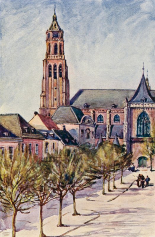 Rhen: Groote Kerk, Arnheim (färglitografi) av Effie Jardine