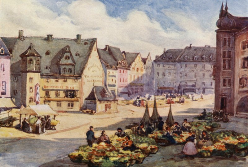 Rhen: Marknadsplatsen, Mainz, Mayence (färglitografi) av Effie Jardine