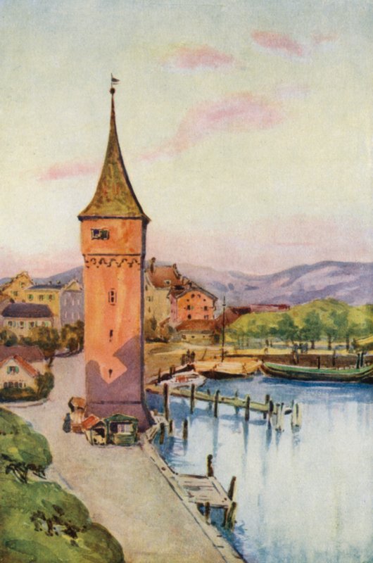Rhenfloden: Tornet i Lindau på Boden See, Konstanzsjön (färglitografi) av Effie Jardine