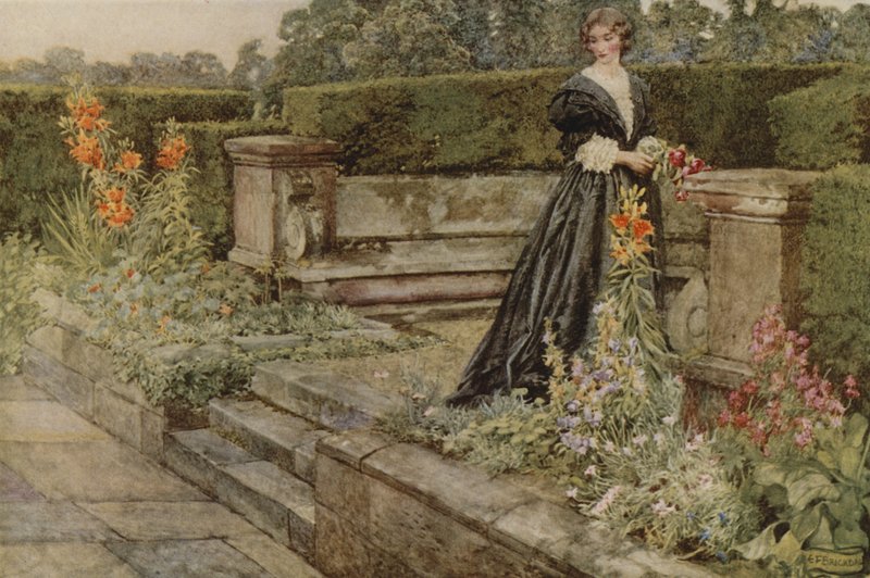 Trädgårdsfantaster, blommans namn (färg litho) av Eleanor Fortescue Brickdale