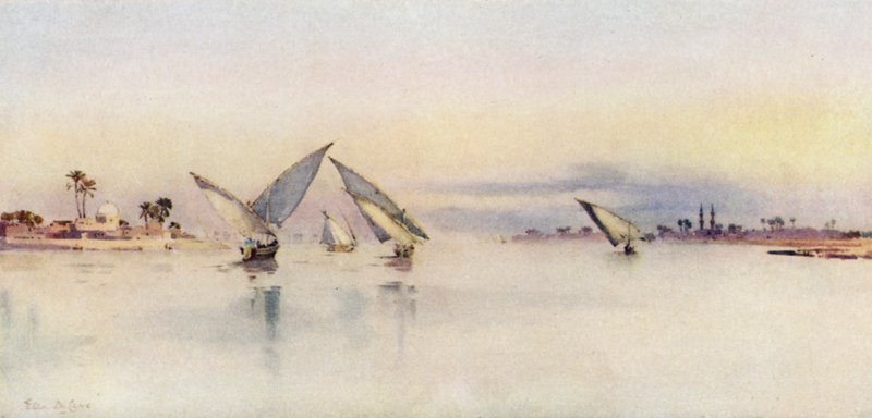 En grå dag på Nilen (färg litho) av Ella Du Cane