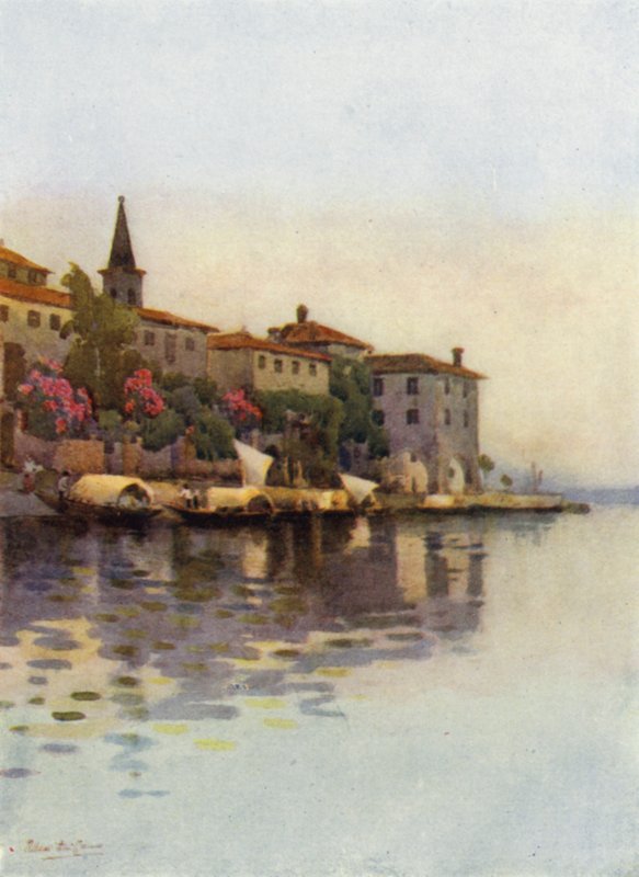 En grå morgon, Lago Maggiore (färg litho) av Ella Du Cane