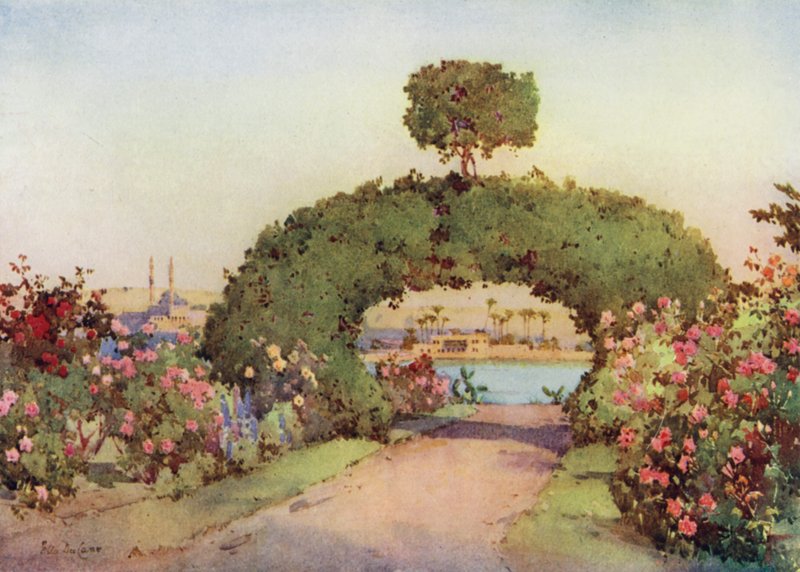 En rosenträdgård i Giza och utsikt över Kairo (färg litho) av Ella Du Cane