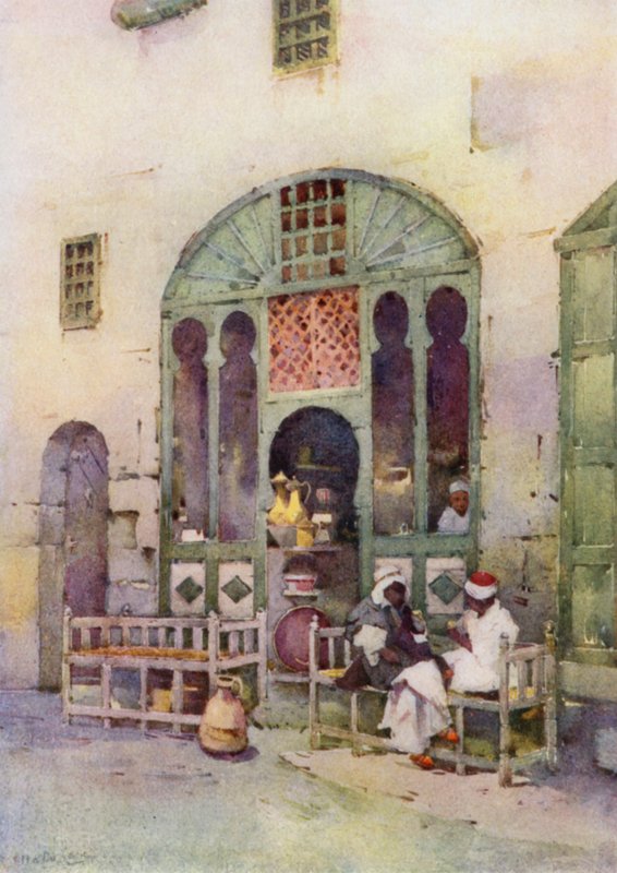 Ett arabiskt kafé, Kairo (färg litho) av Ella Du Cane