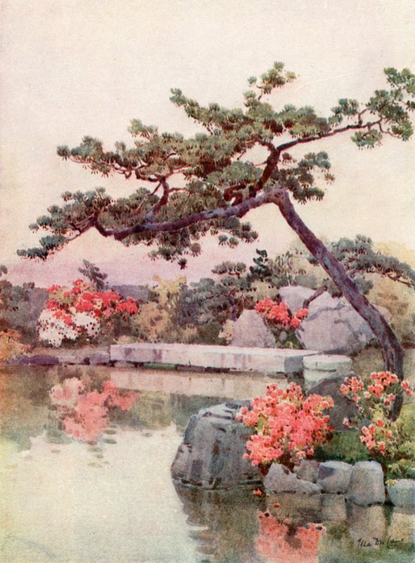 Azaleor i en Kyoto-trädgård (färg litho) av Ella Du Cane