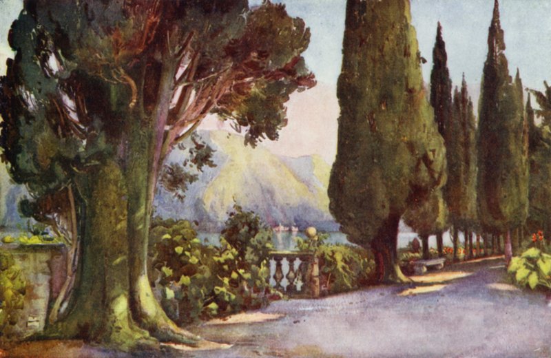 Cypress Avenue, Villa del Pizzo, Comosjön (färg litho) av Ella Du Cane