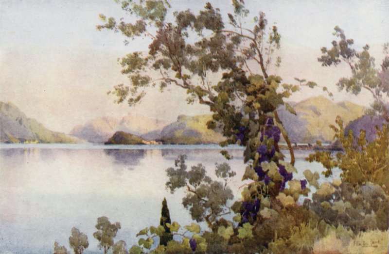 Kväll, Comosjön (färg litho) av Ella Du Cane