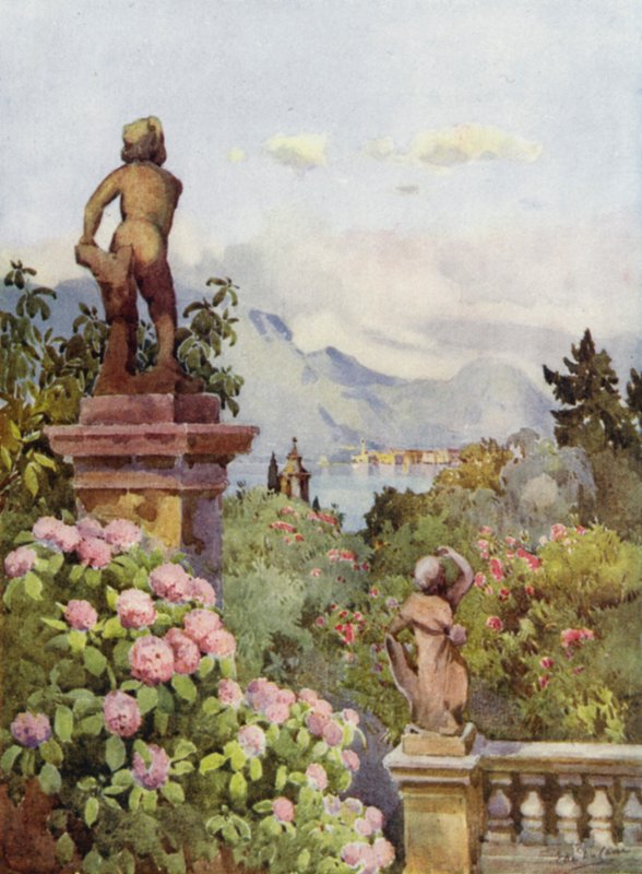Hortensior, Isola Bella, Lago Maggiore (färg litho) av Ella Du Cane