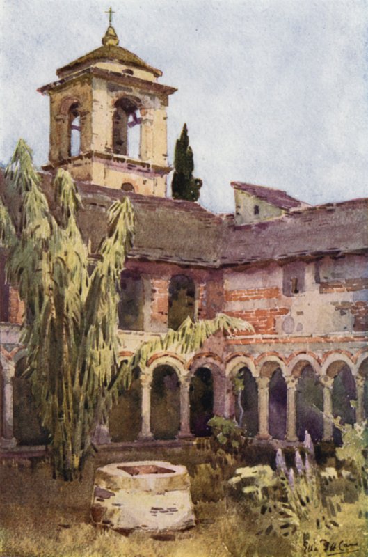 Klostret i Piona, Comosjön (färg litho) av Ella Du Cane