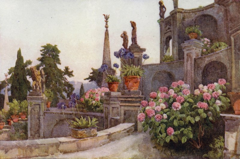 I trädgården, Isola Bella, Lago Maggiore (färg litho) av Ella Du Cane