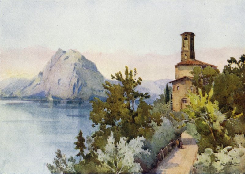 Monte San Salvatore, Luganosjön (färg litho) av Ella Du Cane