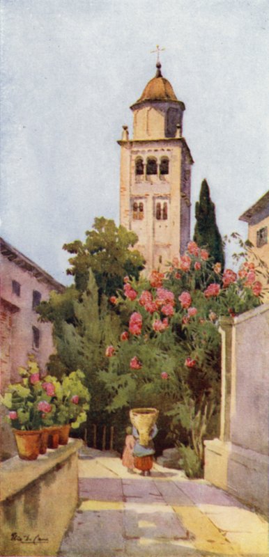 Campanile of San Giulio, Lake Orta (färg litho) av Ella Du Cane