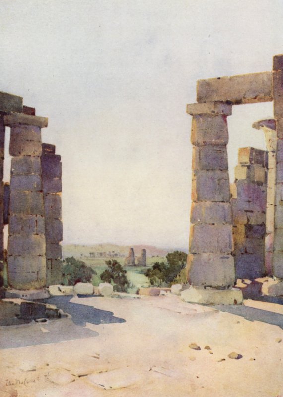 Kolosserna från Ramesseum i tidig morgon (färg litho) av Ella Du Cane