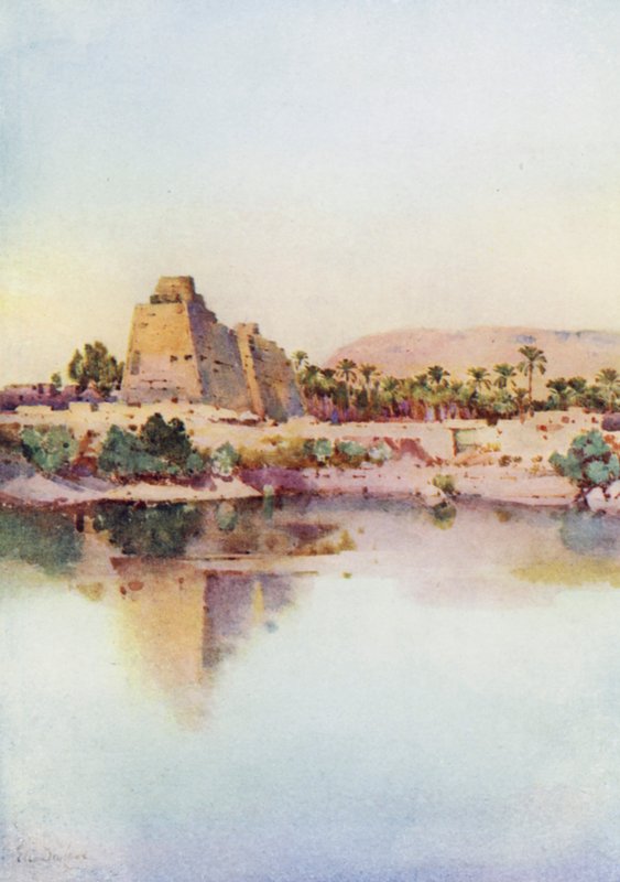 Hatshepset-pylonen vid Karnak, från den heliga sjön (färg litho) av Ella Du Cane