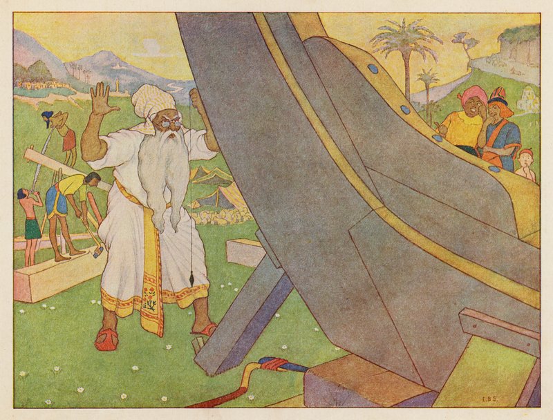 Noaks ark: Byggandet av arken (färglitografi) av Elmer Boyd Smith