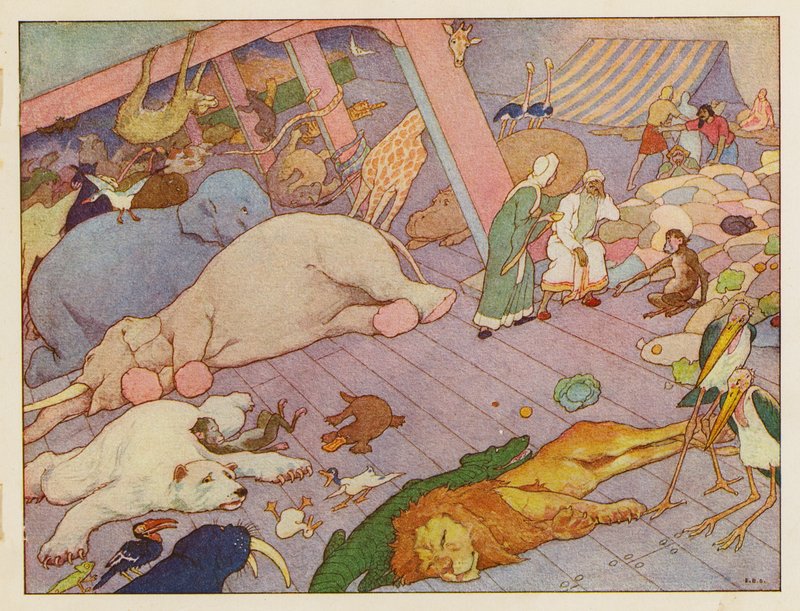 Noaks ark: Inuti arken (färglitografi) av Elmer Boyd Smith