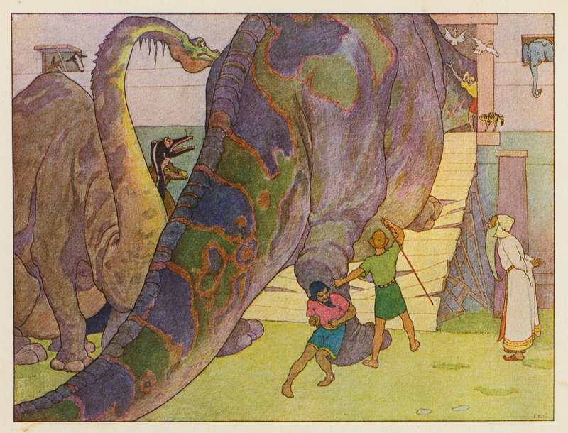 Noaks ark: Dinosauriernas dilemma (färglitografi) av Elmer Boyd Smith