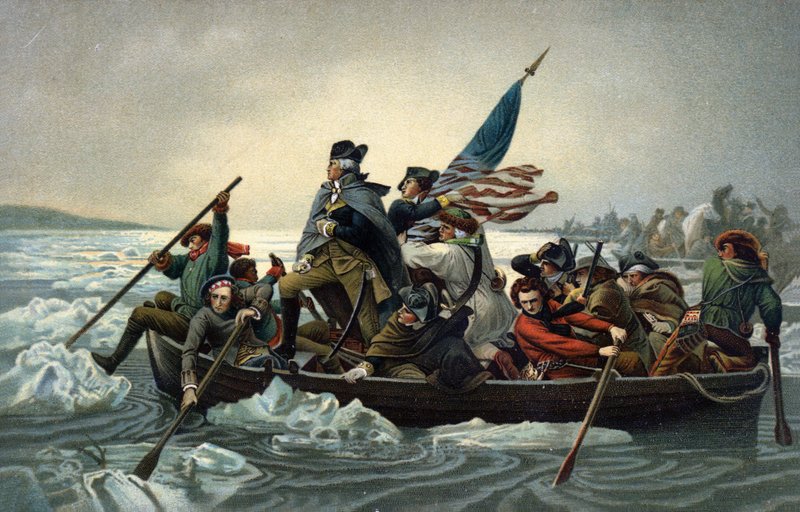 George Washington korsade Delaware under det amerikanska frihetskriget, 25 december 1776 (chromolitho) av Emanuel Gottlieb (after) Leutze