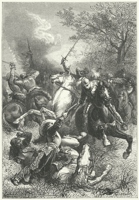 Cromwells ironsider i strid med rojalistiskt kavalleri i det engelska inbördeskriget (gravyr) av Emile Antoine (after) Bayard