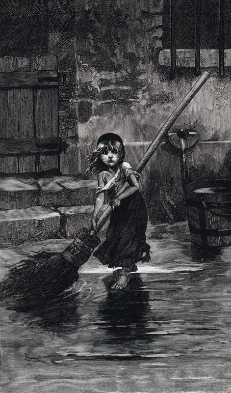 Scen från Les Miserables, av Victor Hugo: Cosette svepande (gravyr) av Emile Antoine (after) Bayard