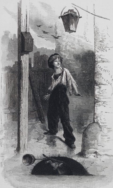 Scen från Les Miserables, av Victor Hugo: Gavroche (gravyr) av Emile Antoine (after) Bayard