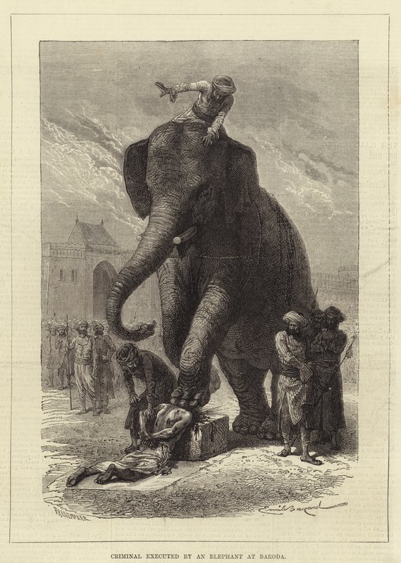 Brottsling avrättad av en elefant i Baroda av Emile Antoine Bayard