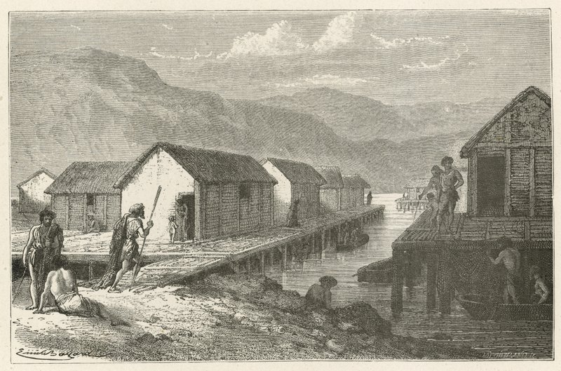 En by vid sjön i Schweiz under bronsåldern av Emile Antoine Bayard