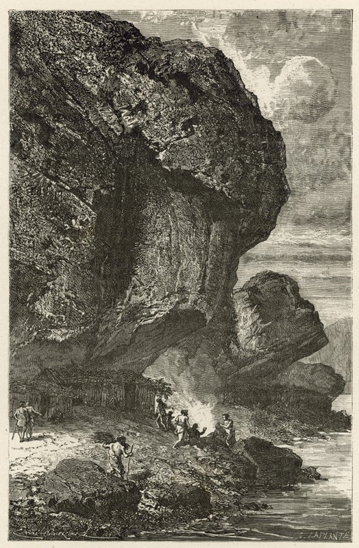 Vy över Bruniquel-stenhärbärget, en mänsklig boplats under renperioden. av Emile Antoine Bayard