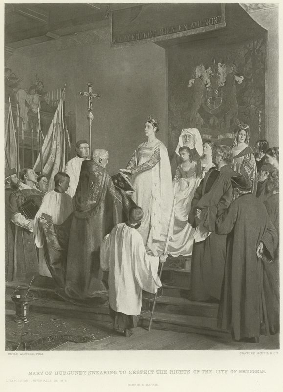 Maria av Bourgogne svär att respektera Bryssels stad (gravyr) av Emile Charles Wauters