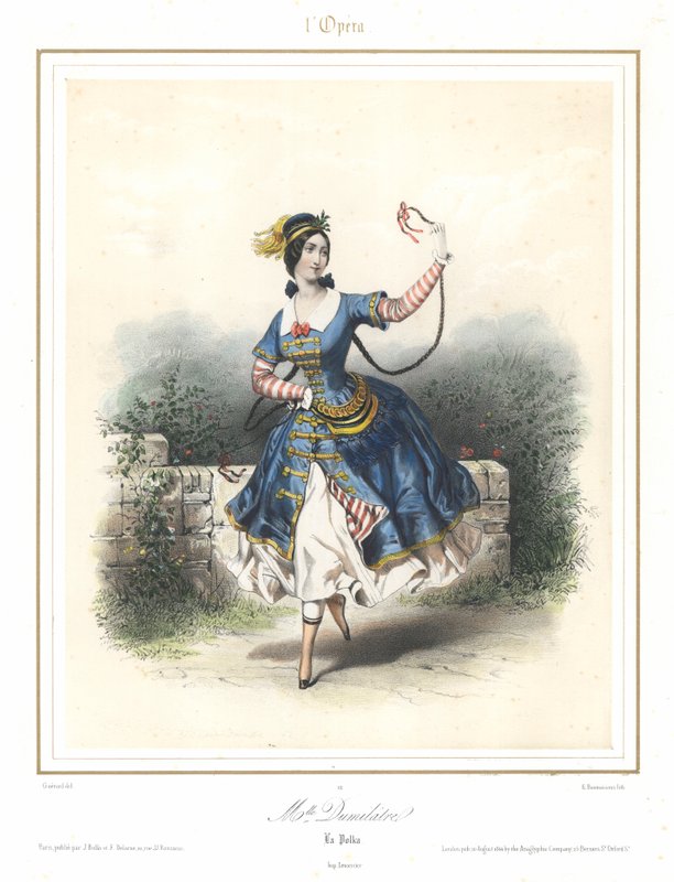 Franska balettdansösen Adele Dumilatre dansar på Parisoperan, c1840 (färg litho) av Emile Desmaisons