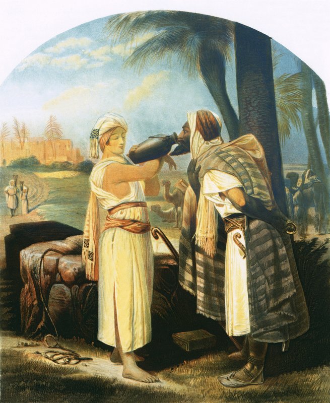 Rebecka ger tjänaren en drink av Emile Jean Horace Vernet