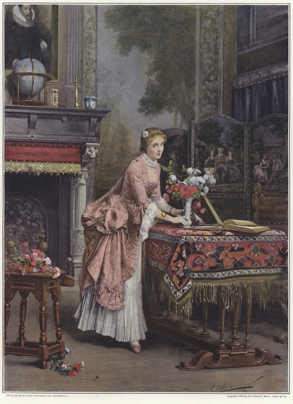 En kvinna som placerar en vas med blommor på ett bord av Emile Pierre Metzmacher