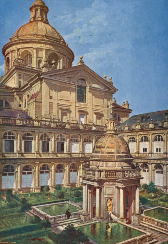 Elscorial: Patio de Los Evangelistas (färglitografi) av Emilio Poy Dalmau