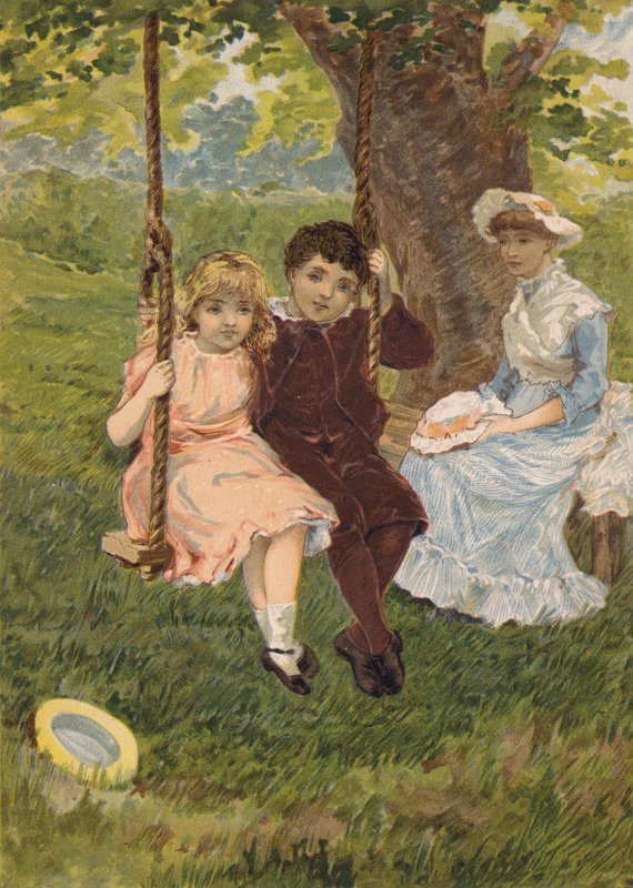 Pojke och flicka sitter på en gunga (chromolitho) av Emily Jane Harding Andrews