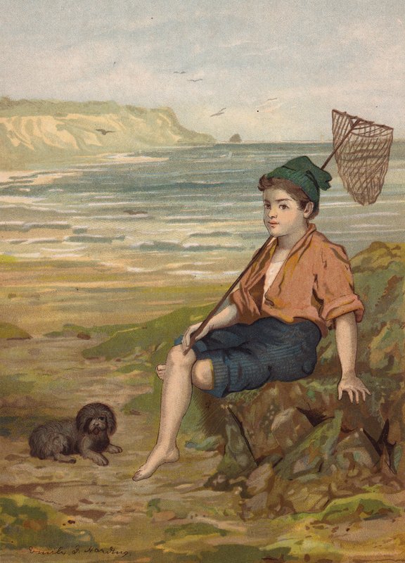 Pojke med fisknät vid havet (kromolitho) av Emily Jane Harding Andrews