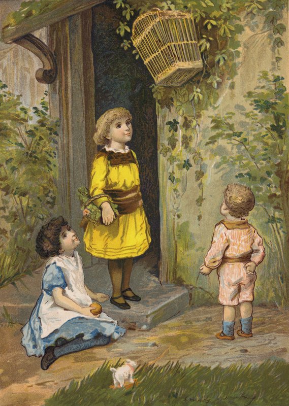 Barn som beundrar en hängande korg (chromolitho) av Emily Jane Harding Andrews