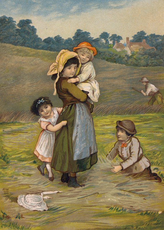 Barn med sin mamma vid skörden (chromolitho) av Emily Jane Harding Andrews