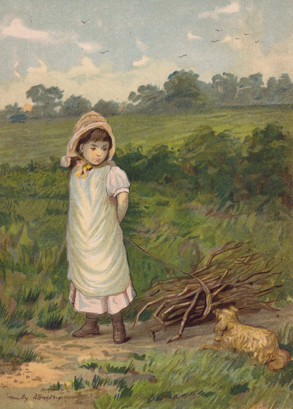 Flicka samlar ved med sin hund (chromolitho) av Emily Jane Harding Andrews