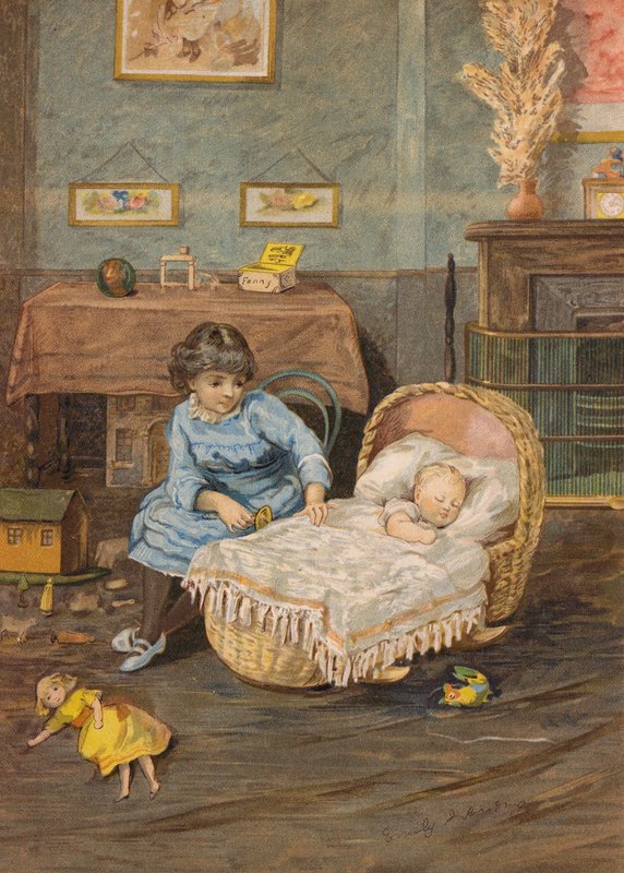 Flicka vakar över en baby i en spjälsäng (chromolitho) av Emily Jane Harding Andrews