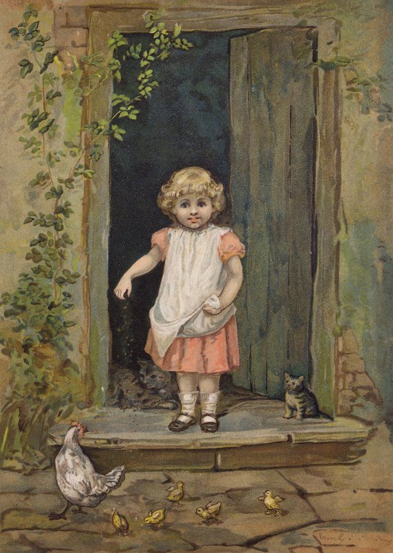 Liten flicka matar hönsen från tröskeln till sitt hem (chromolitho) av Emily Jane Harding Andrews