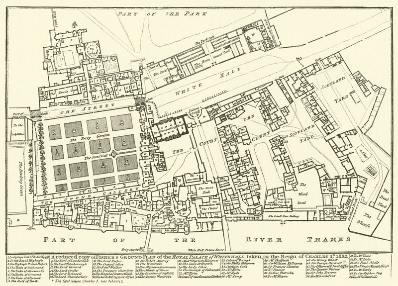 En förminskad kopia av Fishers Ground Plan av Royal Palace of Whitehall, tagen under Charles 2nds regeringstid, 1680 av English School