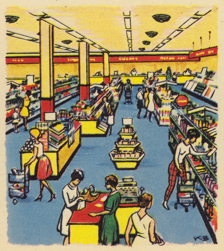 En tidig självbetjäningsbutik eller stormarknad i Storbritannien, ca 1950 av English School