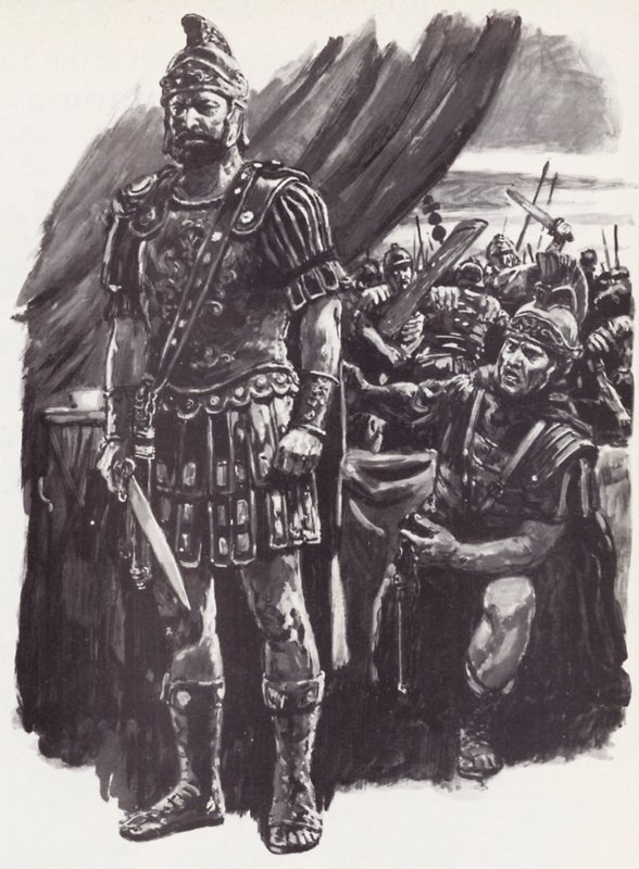 Brutus, besegrad i slaget vid Filippi och förtvivlad av att fly, tog han sitt eget liv av English School