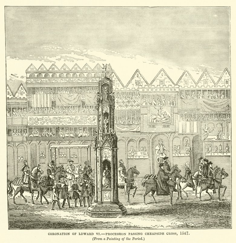Kröning av Edward VI, procession som passerar Cheapside Cross, 1547 av English School