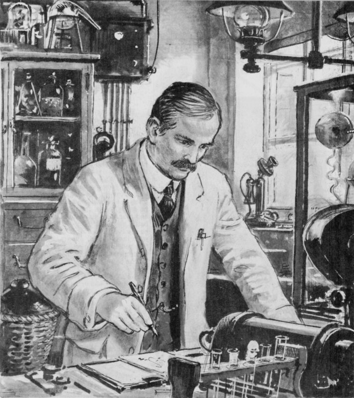 Ernest Rutherford, på jobbet i sitt laboratorium i Cambridge av English School