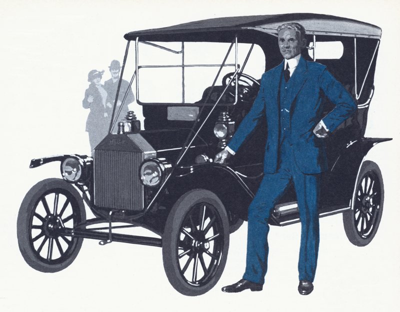 Henry Ford med den berömda Model T som gjorde Fords namn och förmögenhet av English School